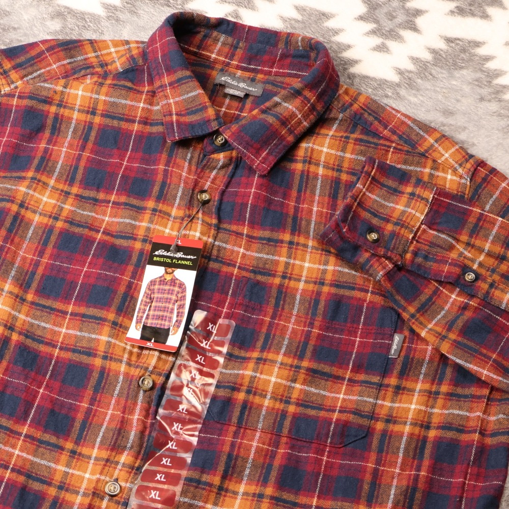 Eddie Bauer Bristol Flannel Shirt XL Mens Orange Navy Plaid Cotton Button Down